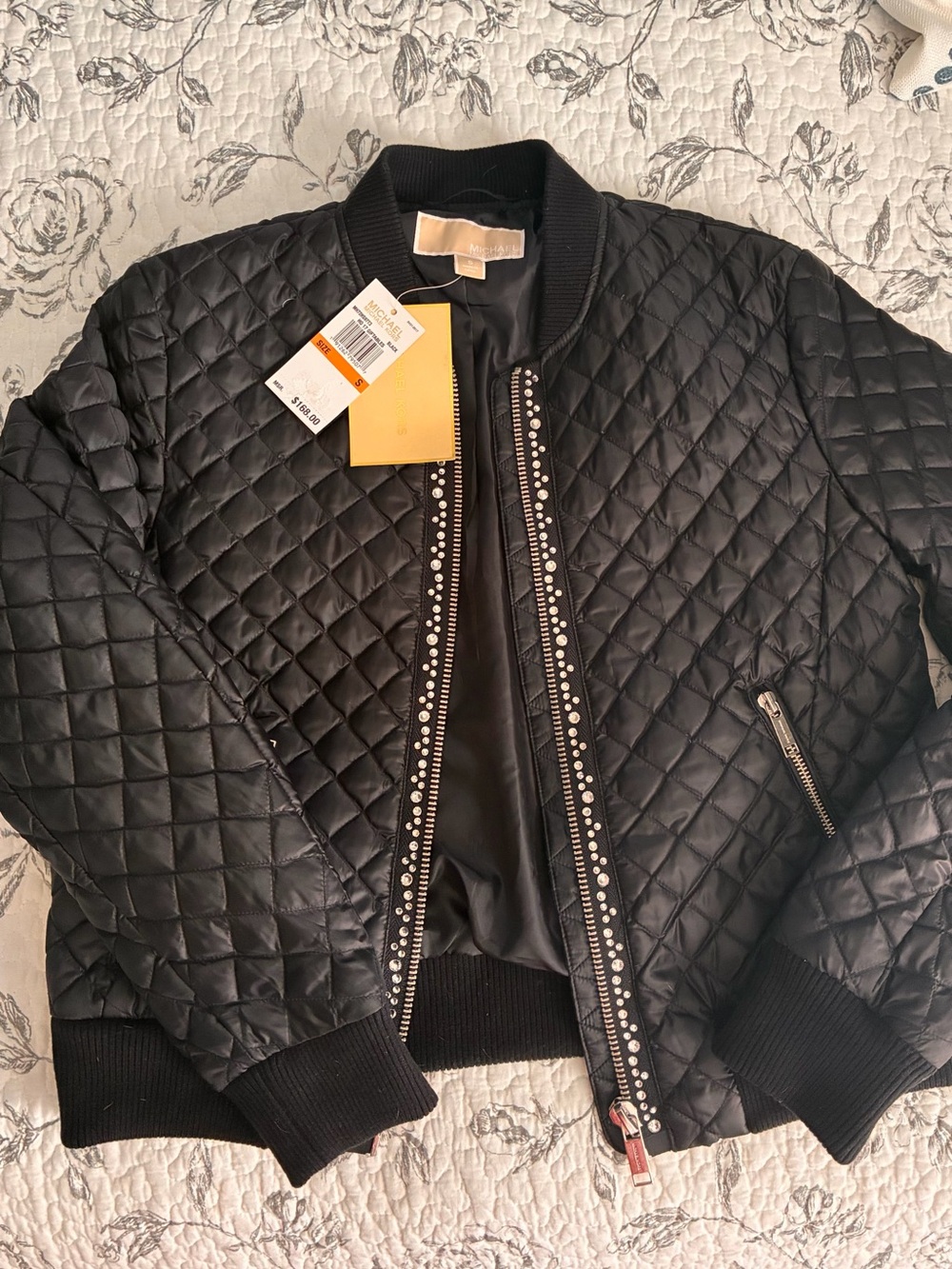 MICHAEL Michael Kors Black Quilted Bomber Jacket with Stud Trim